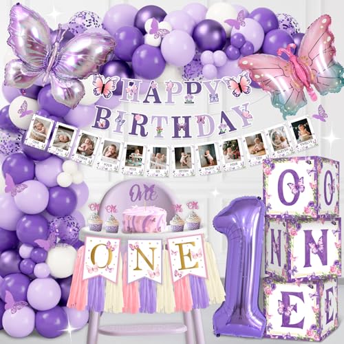 Deko 1. Geburtstag für Mädchen, Lila Erste Schmetterling Geburtstagsdeko mit Folienballons Bogen, Ballonbox, Hochstuhl Banner, Fotobanner, Geburtstagsdeko Mädchen 1 Jahr Deko 1. Geburtstag für Mädchen, Lila Erste Schmetterling Geburtstagsdeko mit Folienballons Bogen, Ballonbox, Hochstuhl Banner, Fotobanner, Geburtstagsdeko Mädchen 1 Jahr von TOSZOLY