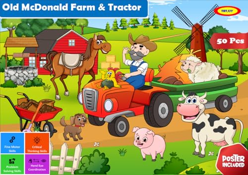 TOTJOY Puzzle für 3–5-Jährige, 50–100-teiliges Puzzle für Kinder, großes Bodenpuzzle für Kleinkinder, für 3+- bis 5+-Jährige, Puzzles für Kinder (50 Teile, alte McDonald’s-Farm und Traktor) von TOTJOY