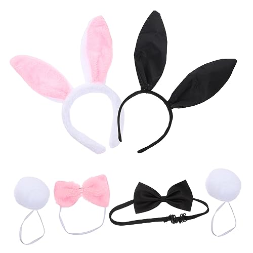 TOVINANNA 2 Sätze Hasenohr Stirnband Cosplay-hasen-kopfbedeckung Flauschiger Hasenohr-kopfschmuck Hasenohren Haarband Requisite Hasenohren Stirnband Weiße Fliege Kostüm Fliege Haarband Tuch von TOVINANNA