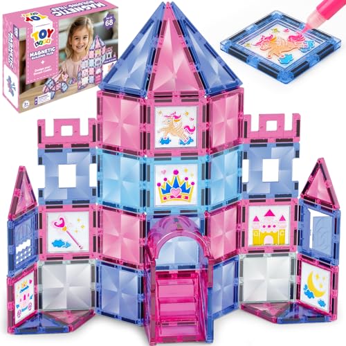 TOY Life Magnetische Fliesen für Kinder im Alter von 4–8 Jahren, Bauspielzeug, magnetisches Spielzeug für Kleinkinder ab 3 Jahren, 68 Stück Prinzessinnenschloss, Magnetfliesen mit Fensterkunst, von TOY Life