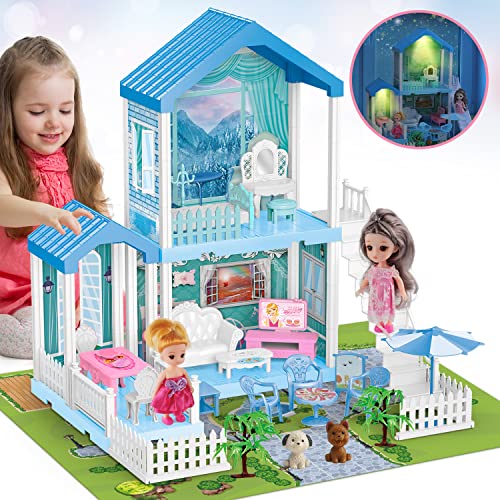 TOY Life Puppenhaus - Puppenhaus 4-5 Jahre alt mit Lichtern - Kleinkind Mädchen Puppenhaus 3-5 Jahre alt 50,8 cm x 48,3 cm x 27,9 cm mit 2 Puppen 3 Prinzessin Puppe Traumhaus Zimmer, Möbel & von TOY Life