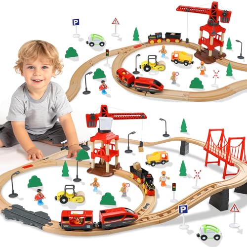 TOY Life Zug Set 80pcs Holzeisenbahn Set mit Kran & Lokomotive Zug, Holzeisenbahn Schienen Spielzeug Zug Set für Kleinkinder 3 4 5, Spielzeug Zugset für Kinder 4-8, Passend für Thomas Brio Melisa von TOY Life