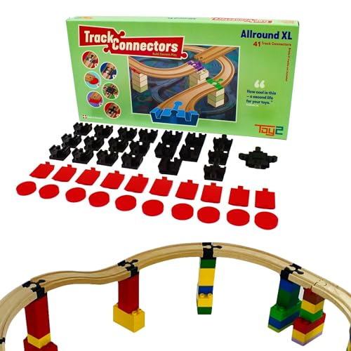 TOY2 Allround Set mit 41 Schienenverbindern geeignet für BRIO & Duplo Holzbahn | Bausatz mit 6 verschiedenen Nutverbindern | Dauerhafte Holzeisenbahnverbindung und Holzschienen Steckverbinder von TOY2