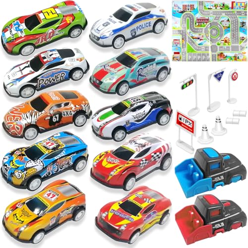 TOYABI 21 Matchbox Auto Set, 10PCS Metall Klein Auto Spielzeuge, Spielzeug Autos mit Streichholzstarter/Stadtmatte/Aufbewahrungstasche für 3 4 5 Jahre alte Jungen Mädchen von TOYABI