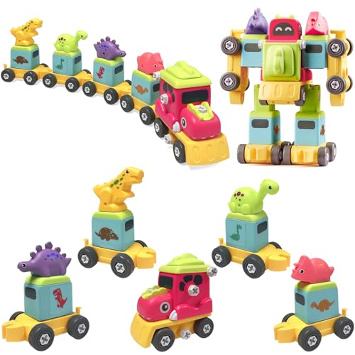 TOYABI Dinosaurier Spielzeug, 5 in 2 Rex Auto, Spinosaurus Auto, Triceratops Auto Switch and Go Dino Zug und Transformers Spielzeug, Jungen und Mädchen ab 3 4 5 6 Jahre von TOYABI