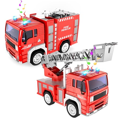 TOYABI Feuerwehrauto, 2pcs Feuerwehr Spielzeug mit Leiter, Licht und Sound, 1:20 Feuerwehrauto ab 2 Jahre, Geburtstag Weihnachten Party Geschenk für Kinder 3 4 5 6 7 8 Jahr von TOYABI