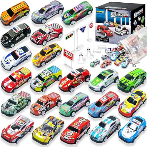 TOYABI Matchbox Auto Set, Spielzeugautos, 22Pcs Metall Auto Spielzeug mit 8 Straßensperre, 1:64 Auto Zurückziehen, Geschenk für Kinder von TOYABI