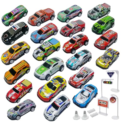 TOYABI Matchbox Auto Set, Spielzeugautos, 22Pcs Metall Auto Spielzeug mit 8 Straßensperre, 1:64 Auto Zurückziehen, Geschenk für Kinder von TOYABI