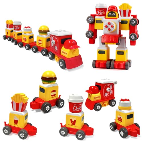 TOYABI Zug Spielzeug, 5 in 2 Frittenwagen, Cola-Wagen, Burger-Wagen, Kuchenwagen Switch and Go Transformers Spielzeug und Weihnachtszug, Geschenke für Jungen und Mädchen ab 3 4 5 6 Jahre von TOYABI