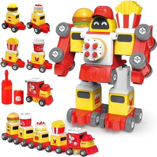 TOYABI Zug Spielzeug, 5 in 2 Frittenwagen, Cola-Wagen, Burger-Wagen, Kuchenwagen Switch and Go Transformers Spielzeug und Weihnachtszug, Geschenke für Jungen und Mädchen ab 3 4 5 6 Jahre von TOYABI