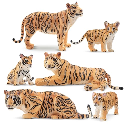 TOYMANY 6 Stück Tiger Tiere-Figuren mit Tigerjungen, Dschungeltierfiguren Spielzeugfiguren, Familienset mit Baby-Tigern Spielset, Wild Kuchen Topper Ornamente, Tiere Thema Geburtstag Party von TOYMANY