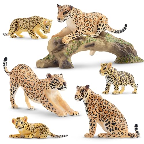 TOYMANY 7 Stück Jaguar Tiere-Figuren mit Jaguar Babys und einem Baumstamm,Realistische Jaguar Spielzeug Plastik Zoo Wald Dschungeltierfiguren, Lernspielzeug-Kuchenaufsatz, zum Spielen oder als Deko von TOYMANY