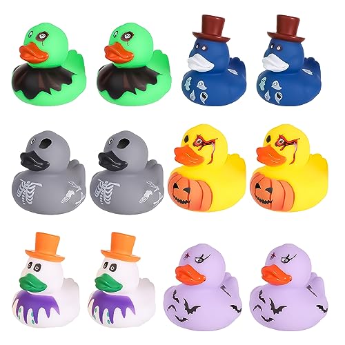 12 Stück Halloween Gummienten, 5 cm Mehrfarbige Halloween Themen Gummienten Skelett Kürbis Badeente Spielzeug Dekoration für Halloween-Partygeschenke von TOYMIS