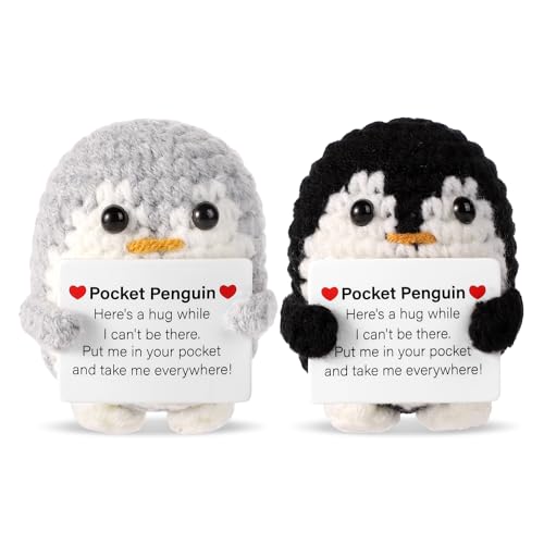 TOYMIS 2 Stück Taschen-Pinguin-Umarmung, 6,5cm Mini Lustig Positiver Pinguin Süß Häkelpuppe Ornament Gestricktes Pinguin-Spielzeug mit Positiver Karte für Geburtstagsfeier Geschenk (Grau, Schwarz) von TOYMIS