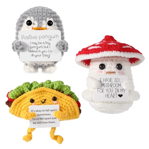 TOYMIS 3stk Positive Häkelfiguren, Positiver Pilz & Positiver Taco & Positiver Pinguin Strickspielzeuge Ermutigungskarten Emotionales Plüschspielzeug Positiver Unterstützung Geschenke Dekorationen von TOYMIS