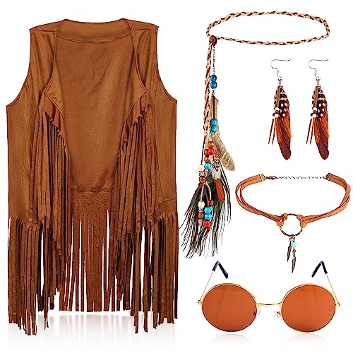 TOYMIS 5 Stück 60er 70er Hippie Kostüm Set für Frauen, Hippie Costume Set mit Quastenweste Sonnenbrillen Halskette Ohrringe Feder gewebtes Stirnband Hippie Kostüm Damen Accessoires (XL) von TOYMIS