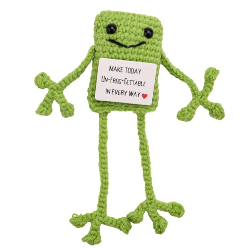 TOYMIS Lustiger Positiver Frosch, 17cm Gestricktes Froschspielzeug Handgefertigter Minifrosch Wolle Gestrickte Froschpuppe mit Positiven Affirmationskarten zur Ermutigung Geschenk Partys Dekoration von TOYMIS