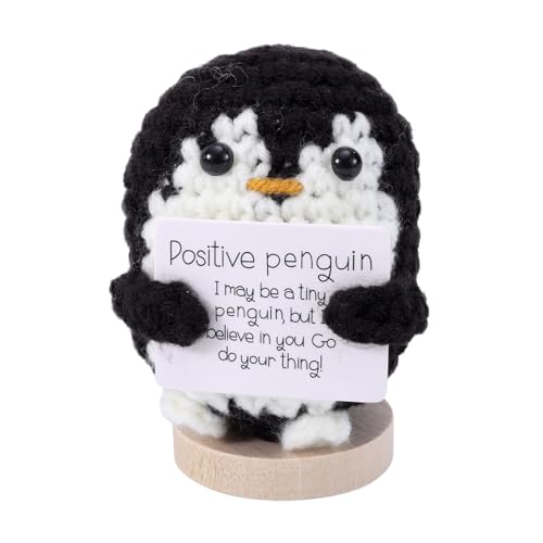 TOYMIS Lustiger Positiver Pinguin, 6cm Gehäkelte Pinguin Puppe mit Positiver Karte und Holzsockel Gestrickter Pinguin Unterstützung Positive Kartoffeln Ermutigungsgeschenke für Freunde (Schwarz) von TOYMIS