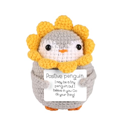 TOYMIS Pinguin Gehäkelt, Höhe 8,5 cm Mini Sonnenblumen Gehäkelte Kuscheltier Pinguin Süße Gestrickte Gehäkelter Puppen mit Positiver Karte für Geburtstagspartys Weihnachten Aufmunterungsgeschenke von TOYMIS