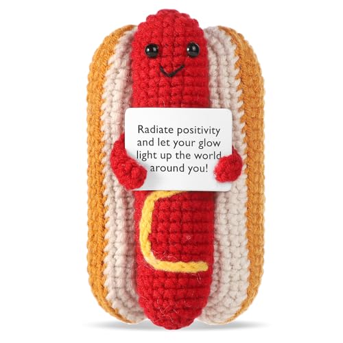 TOYMIS Positive Hot Dog, Lustige Hot Dog Gestrickte Wollpuppe mit Karte Positive Geschenke für Freunde Ermutigungsgeschenk Emotionale Unterstützung Geschenk (Rot) von TOYMIS