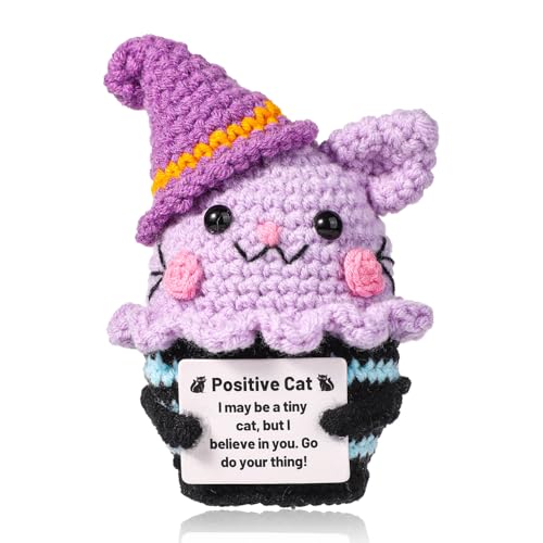 TOYMIS Positive Katze, Häkel Katze mit Hexenhut Gestricktes Tier Häkelpuppe Geschenk Emotionale Unterstützung Häkeln für Halloween-Party-Dekoration Aufmunterungsgeschenke von TOYMIS