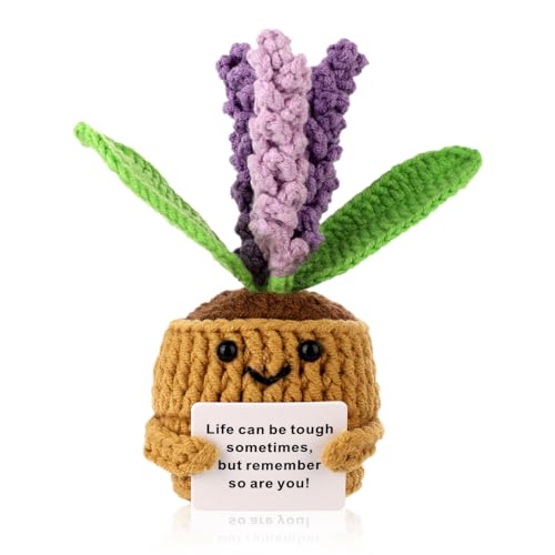 TOYMIS Positiver Lavendel Gehäkelte Topfpflanzen, 14cm Gestrickte Topfpflanze Positiver Lavendel mit Karte Positive Blume Gehäkelter Lavendel Blumengeschenk für Freund Büro Schreibtisch Dekoration von TOYMIS