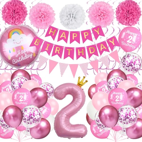 Deko 2. Geburtstag Mädchen, Rosa 2 Geburtstag Deko mit Rosa Folienballon Zahl 2, Happy Birthday Banner, Happy Birthday Folienballon, Papierpompons, Pastell Ballons für 2 Jahr Geburtstag Mädchen von TOYTOPIE