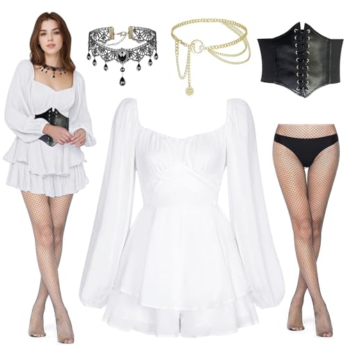 Piratenkostüm Damen, 5PCS Karneval Kostüm Damen Renaissance Schulterfreies Kleid Kurzer Overall Jumpsuit mit Taillenkette, Halsband, Gürtel, Strümpfen Perfekt für Halloween Karneval Partys Kostüm von TOYTOPIE