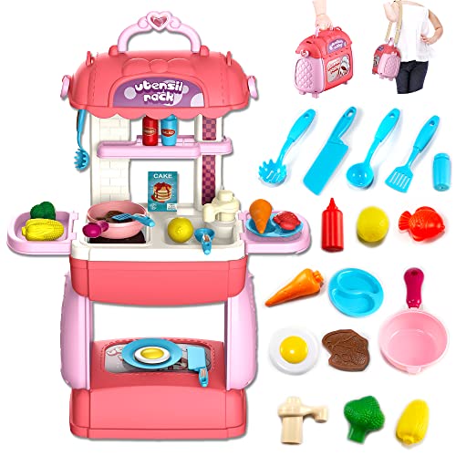 TOYVENTURES 31-teiliges Küchenspielzeug für Kinder, Kochgeschirr, Spielset, Kochutensilien und Lebensmittelzubehör, pädagogisches Geschenk für Jungen und Mädchen ab 3 Jahren (rosa) von TOYVENTURES