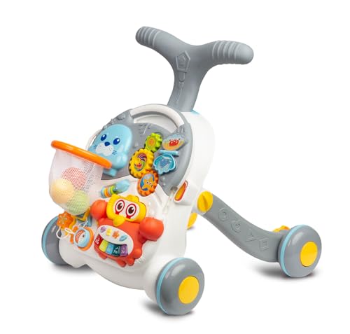 Toyz SPARK Lernspielzeug 2in1 Schieber und Interaktiver Tisch mit verschiedenen bunten Spielzeugen - Entwicklung der Feinmotorik und Kreativität - Ausziehbares Klavier in Form Krabbe - Grau von TOYZ by CARETERO