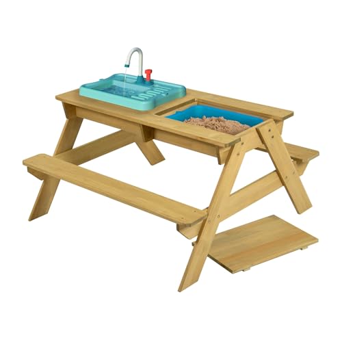 TP Toys Splash and Play hölzerner Picknicktisch mit funktionierendem Wasserhahn, Schüssel für Sand- und Wasserspiele, Mehrzweck-Holztisch für Kinder ab 2 Jahren 130 x 137 x 138 cm von TP Toys