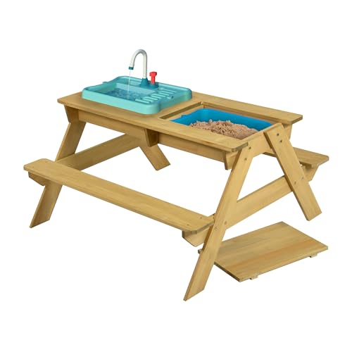 TP Toys Splash and Play hölzerner Picknicktisch mit funktionierendem Wasserhahn, Schüssel für Sand- und Wasserspiele, Mehrzweck-Holztisch für Kinder ab 2 Jahren 130 x 137 x 138 cm von TP Toys