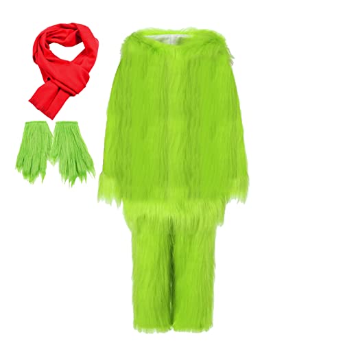 TPone Komplettes Set Grün Fuzzy Plüsch Weihnachten Kostüm mit Handschuh und Schal, Erwachsene Furry Green Monster Cosplay Hoodies Outfit (L) von TPone