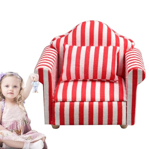 Puppenhaus-Couch, Puppenhaus-Sofa-Sessel - Puppenhausmöbel Im Maßstab 1:12, Couch Und Stuhl,Miniatursofa Aus Holzstoff, Rot-weiß Gestreiftes Holzgewebe, Hochsimuliertes Kinderspielzeug Für - Rot von TQEBWUS