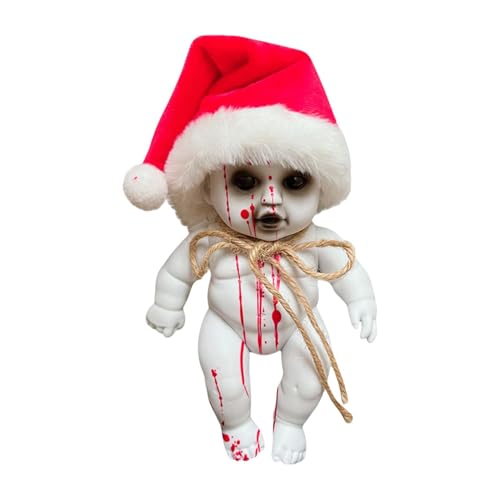 TQEBWUS Wiedergeburts-Zombie-Puppe, Gruseliges Halloween-Baby, Rebirth Baby Dolls Zombie – Blutige Geisterpuppe Mit Weihnachtsmütze, Weihnachtsalternative Kleine Dekorative Puppenornamente -A von TQEBWUS