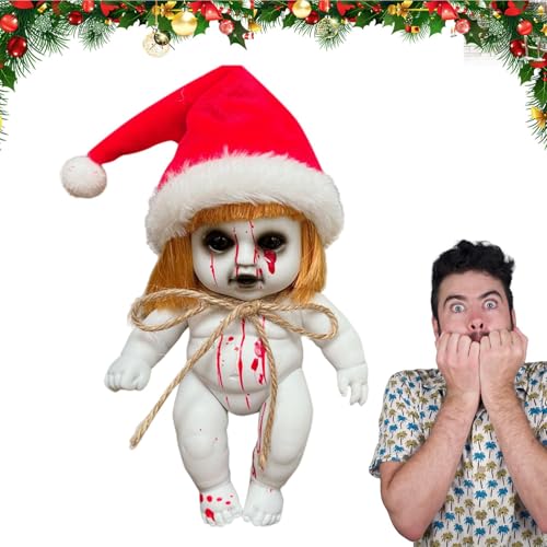 TQEBWUS Wiedergeburts-Zombie-Puppe, Gruseliges Halloween-Baby, Rebirth Baby Dolls Zombie – Blutige Geisterpuppe Mit Weihnachtsmütze, Weihnachtsalternative Kleine Dekorative Puppenornamente - B von TQEBWUS