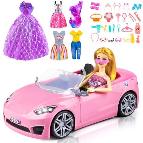 76 Teile Puppen und Cabrio-Auto, einschließlich 11,5-Zoll-Puppenauto, Prinzessinnenkleider, Modekleider, Freizeitkleidung, Badeanzüge, Taschen, Schuhe, Puppen-Set von TQRAZ