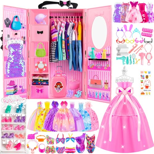 Puppenschrank, Puppenkleidung und Accessoires mit Brautkleidern, Freizeitkleidern, Badeanzügen, Bikini, Hüten, Schuhen, Kleiderbügel, Puppenkleiderspielzeug, Spielzeuggeschenke für von TQRAZ