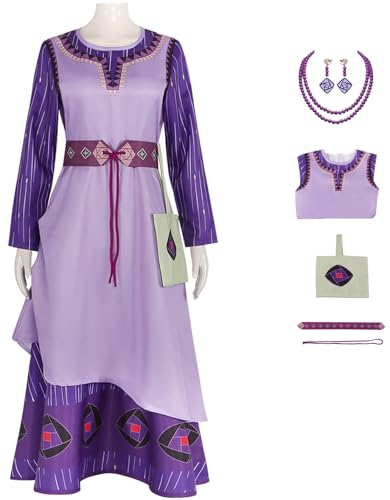 TRACYCY Asha Kostüm Damen Cosplay Film Prinzessin Asha Maxi Abendkleid mit Zubehör Anzug Halloween Weihnachten Karneval Party Geburtstag Fest Verkleidung, Lila von TRACYCY