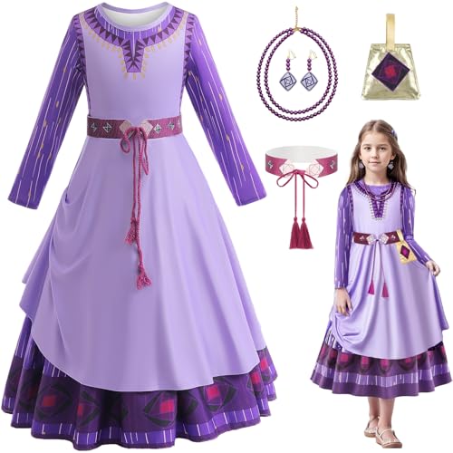 TRACYCY Asha Kostüm Mädchen Cosplay Film Prinzessin Asha Maxi Ballerinakleid mit Zubehör Anzug Halloween Weihnachten Karneval Party Geburtstag Fest Verkleidung für Kinder Alter 2-14 Jahre von TRACYCY