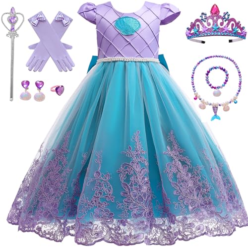 TRACYCY Mädchen Ariel Kostüm Fasching Cosplay Kleine Meerjungfrau Prinzessin Ariel Kleider mit Zubehör Weihnachten Karneval Halloween Party Geburtstag Fest Nixen Kostüm Kinder Verkleidung, 3-9 Jahre von TRACYCY