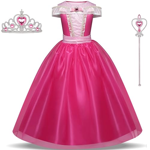 TRACYCY Mädchen Aurora Kostüm Fasching Cosplay Dornröschen Prinzessin Aurora Kleider mit Zubehör Weihnachten Karneval Halloween Party Geburtstag Fest Kostüm Kinder Verkleidung, Rosa, 3-13 Jahre von TRACYCY