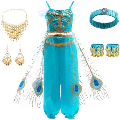 TRACYCY Mädchen Jasmin Kostüm Pailletten Top Hose Bauchtanz Kleider mit Zubehör Weihnachten Karneval Halloween Party Fest Aladdin Jasmine Prinzessin Kostüm Verkleidung, 3-9 Jahre von TRACYCY