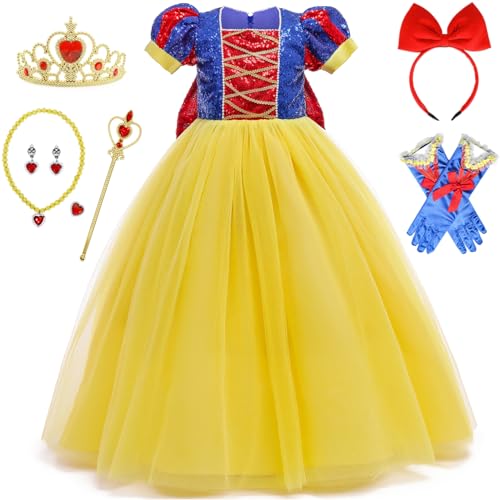 TRACYCY Mädchen Schneewittchen Kostüm Pailletten Prinzessin Abendkleid mit Zubehör Weihnachten Karneval Halloween Party Fest Snow White Kostüm Verkleidung, 3-9 Jahre von TRACYCY