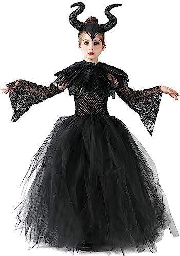 TRACYCY Maleficent Kostüm Mädchen Cosplay Hexe Lang Tüll Festkleid mit Horn Cape und Federkragen Ärmel Anzug 4tlg für Halloween Karneval Verkleidung Partykleid Fasching Outfit Schwarz Größe 2-10 Jahre von TRACYCY