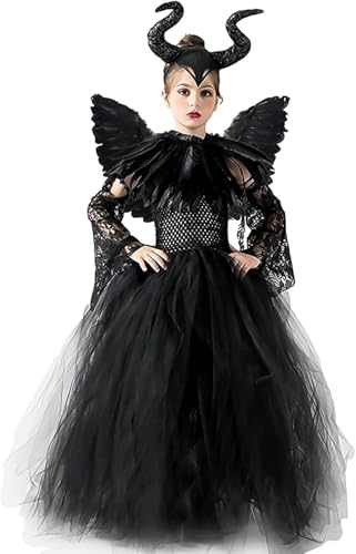 TRACYCY Maleficent Kostüm mit Flügel Mädchen Cosplay Hexe Lang Tüll Festkleid und Horn Cape Federkragen Handschuhe Anzug 5tlg für Halloween Karneval Verkleidung Partykleid Fasching Outfit 2-10 Jahre von TRACYCY