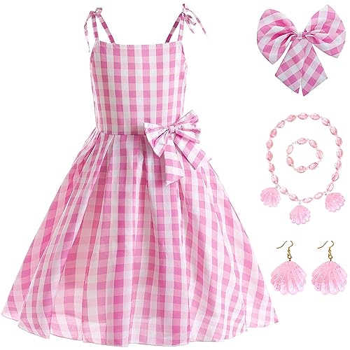 TRACYCY Margot Doll Kostüm Mädchen Prinzessin Kleid Cosplay Movie 1950s Vintage Outfit Rosa Love Plaid Kleid mit Halskette Ohrringe Armbänder für Kinder Halloween Karneval Verkleidung Partykleid von TRACYCY