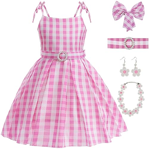 TRACYCY Margot Puppe Kostüm Mädchen Prinzessin Kleid Cosplay Movie 1950s Vintage Outfit Rosa Kariertes Kleid mit Kopfschmuck Gürtel und Halskette Ohrringe für Halloween Karneval Verkleidung Partykleid von TRACYCY