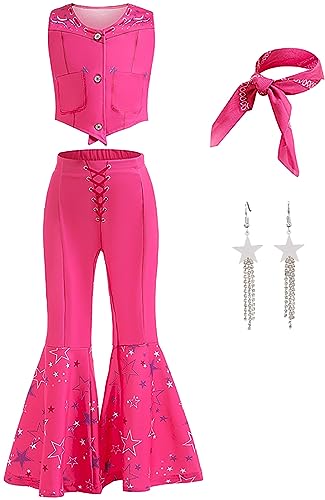 TRACYCY Margot Puppen Kostüm Mädchen Cosplay Movie Doll 1950s Vintage Rock Disco Hippie Outfit Weste Hose und Schal Ohrringe Star Anzug für Kinder Halloween Karneval Verkleidung Partykleid Rosa von TRACYCY