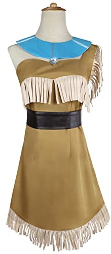 TRACYCY Pocahontas Kostüm Damen Cosplay Indisch Prinzessin Pocahontas Kleid und Zubehör Halsketten Gürtel 3 Stück Anzug für Erwachsene Fancy Dress up Halloween Weihnachten Verkleidung Festkleid von TRACYCY